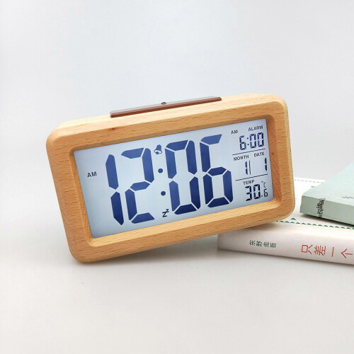 (Solid Wood Color) Wooden Lcd Digital Alarm Clock Smart Sensor Night Light With Snooze Date Temperature 12/24hr Switchable 1
