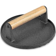 Cast Iron Meat Press Grill Steak Round Meat Press Steak Press Cast Iron Grill Press Weight with Wooden Handle
