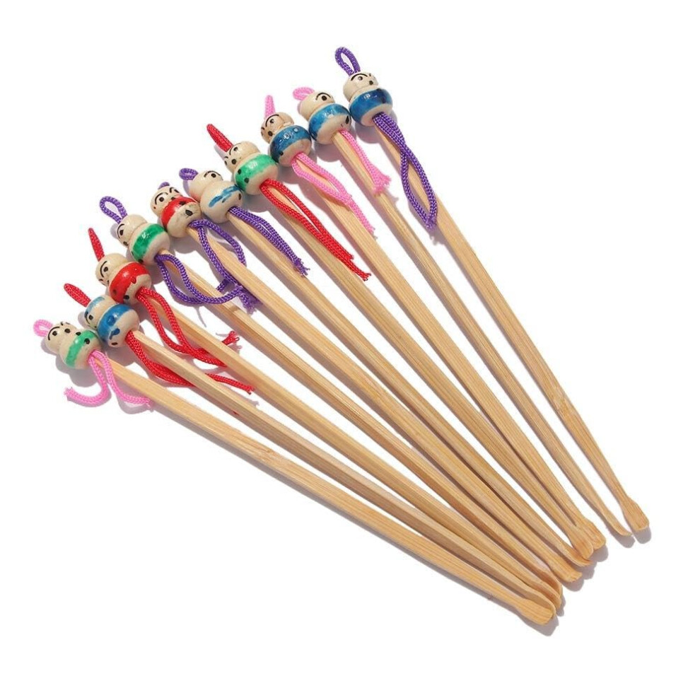 Bamboo Ear Pick 10 Pack Reusable Ear Wax Removal Tool with Japanese Doll Handle EcoFriendly