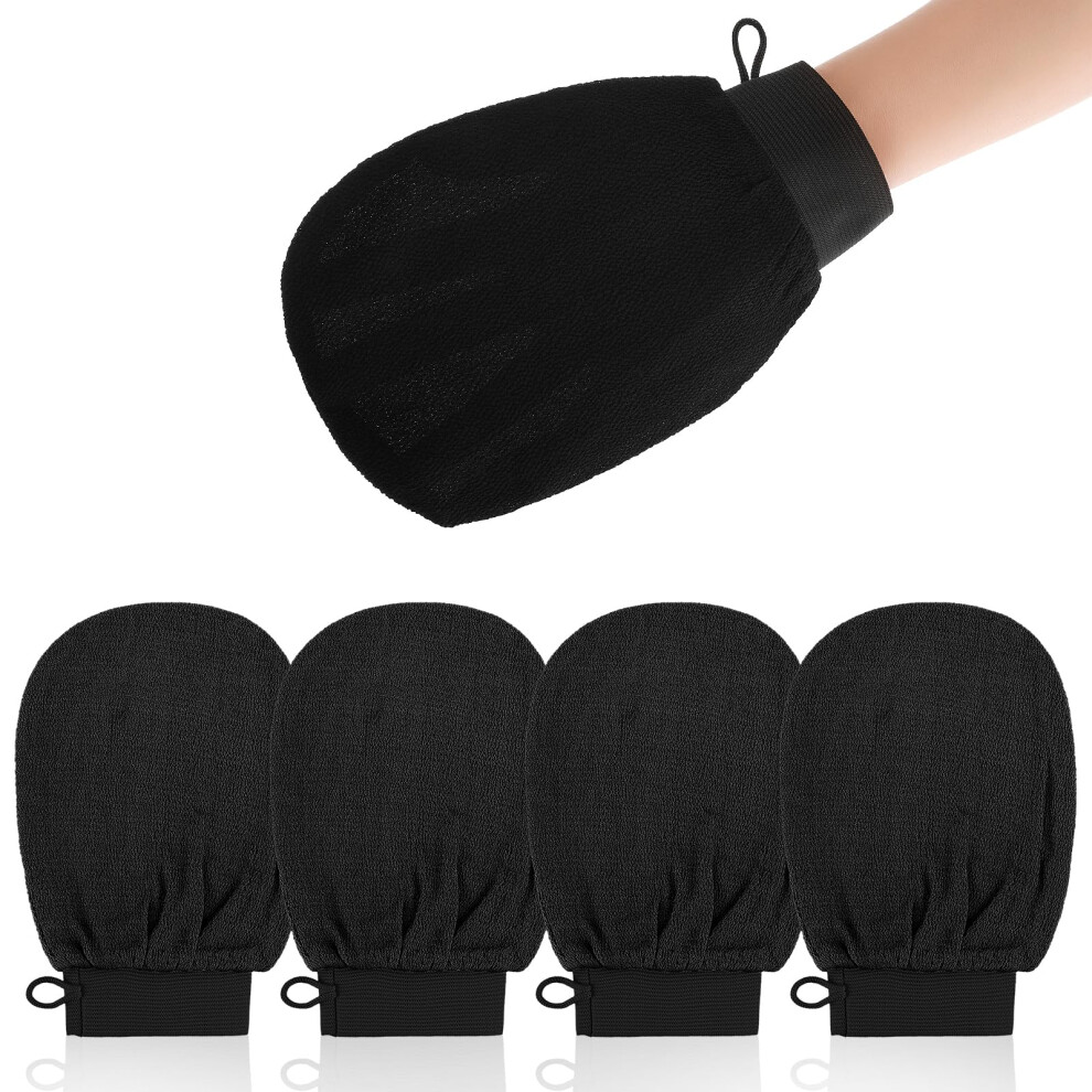 Black Exfoliating Gloves For Shower Deep Skin Scrub Mitts Unclogs Pores Boosts Circulation 4 Pcs