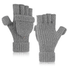 (Grey) Women's Winter Fingerless Gloves Warm Flip Typing Gloves Knitted Convertible Gloves Texting Gloves