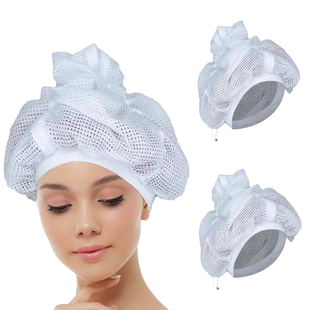 2Pcs Adjustable Hair Plopping Cap for Curly Hair Drying with Breathable Mesh Bonnet White
