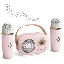 (2pc Speaker, Pink) Bluetooth Speaker With 1-2 Wireless Microphone Support Karaoke TF Card FM Play HIFI Bass Handsfree Call Children's Birthday Gift