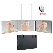 (3 Side Foldable) Fordable Black Portable 360 Trifold Mirror with Height Adjustable Telescoping Hooks Ideal for Self Hair Cutting Makeup Essential