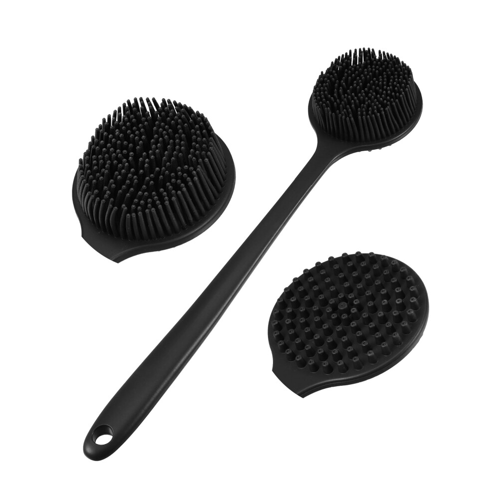 Black Silicone Body Scrubber Long Handle Shower Brush Doublesided Soft Bristles For Sensitive Skin
