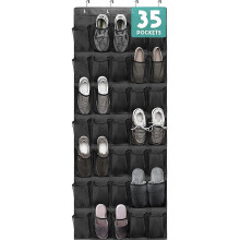 (black 35pockets) Over The Door Shoe Bags Organizer,Large Mesh Storage Bag with 4 Hooks,Transparent Fabric Shoe Bags for Bedroom,Space Saving