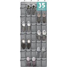 (gray 35pockets) Over The Door Shoe Bags Organizer,Large Mesh Storage Bag with 4 Hooks,Transparent Fabric Shoe Bags for Bedroom,Space Saving