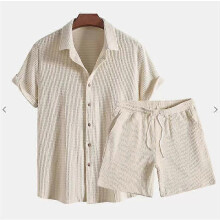(S,Khaki set)Men Corduroy Suits Solid Color Short Sleeve Lapel Button Shirts And Shorts Two Piece Sets Fashion Streetwear Mens Casual Outfit
