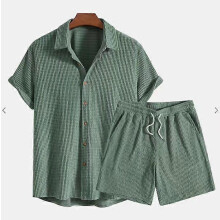 (XXL, green set)Men Corduroy Suits Solid Color Short Sleeve Lapel Button Shirts And Shorts Two Piece Sets Fashion Streetwear Mens Casual Outfit
