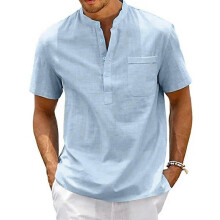 (S,light blue)Boys Vintage Streetwear Kimono Style Shirt,Cotton Linen Blend, Henley Neck,Short Sleeve with Pocket,Casual Beach Wear,Solid Color