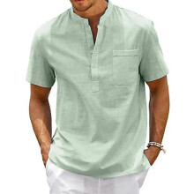 (L,green)Boys Vintage Streetwear Kimono Style Shirt,Cotton Linen Blend, Henley Neck,Short Sleeve with Pocket,Casual Beach Wear,Solid Color