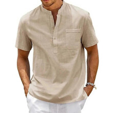 (S,khaki)Boys Vintage Streetwear Kimono Style Shirt,Cotton Linen Blend, Henley Neck,Short Sleeve with Pocket,Casual Beach Wear,Solid Color