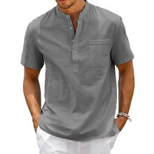 (S,gray)Boys Vintage Streetwear Kimono Style Shirt,Cotton Linen Blend, Henley Neck,Short Sleeve with Pocket,Casual Beach Wear,Solid Color