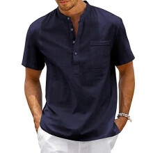 (XL,navy)Boys Vintage Streetwear Kimono Style Shirt,Cotton Linen Blend, Henley Neck,Short Sleeve with Pocket,Casual Beach Wear,Solid Color