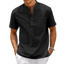 (XL,black)Boys Vintage Streetwear Kimono Style Shirt,Cotton Linen Blend, Henley Neck,Short Sleeve with Pocket,Casual Beach Wear,Solid Color