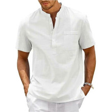 (XL,white)Boys Vintage Streetwear Kimono Style Shirt,Cotton Linen Blend, Henley Neck,Short Sleeve with Pocket,Casual Beach Wear,Solid Color
