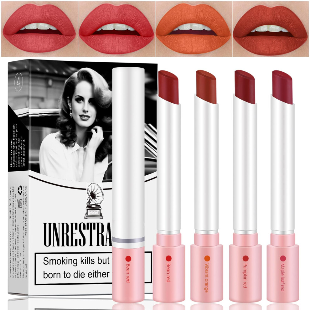 Lip Liner Pencil and Velvet Matte Lipstick Set, 24H Long Lasting, Cigarette Box Design, 4 Colors