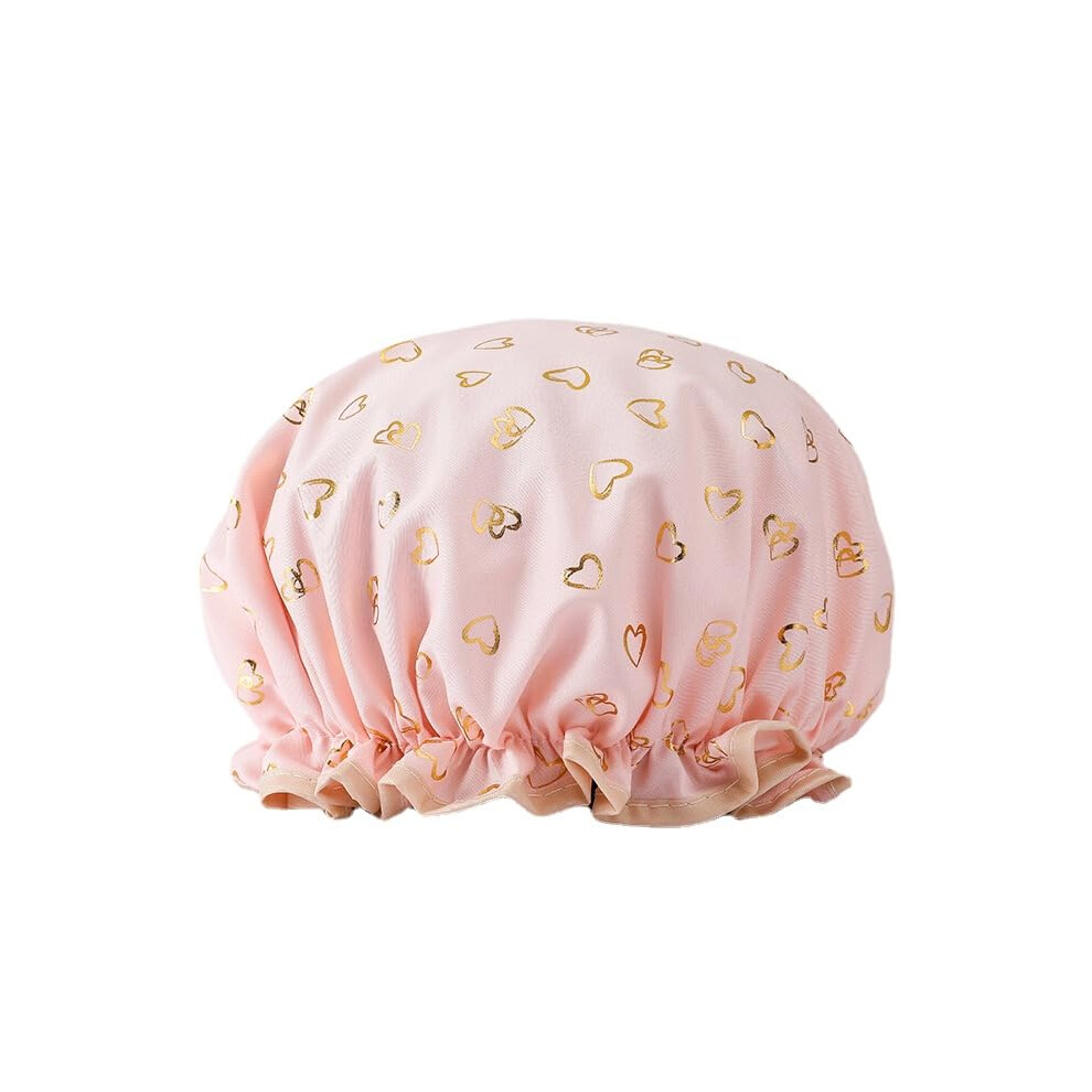 Shower Cap for Women Pink Heart Reusable Waterproof with Dual Layers and Comfort Fit Elastic Band