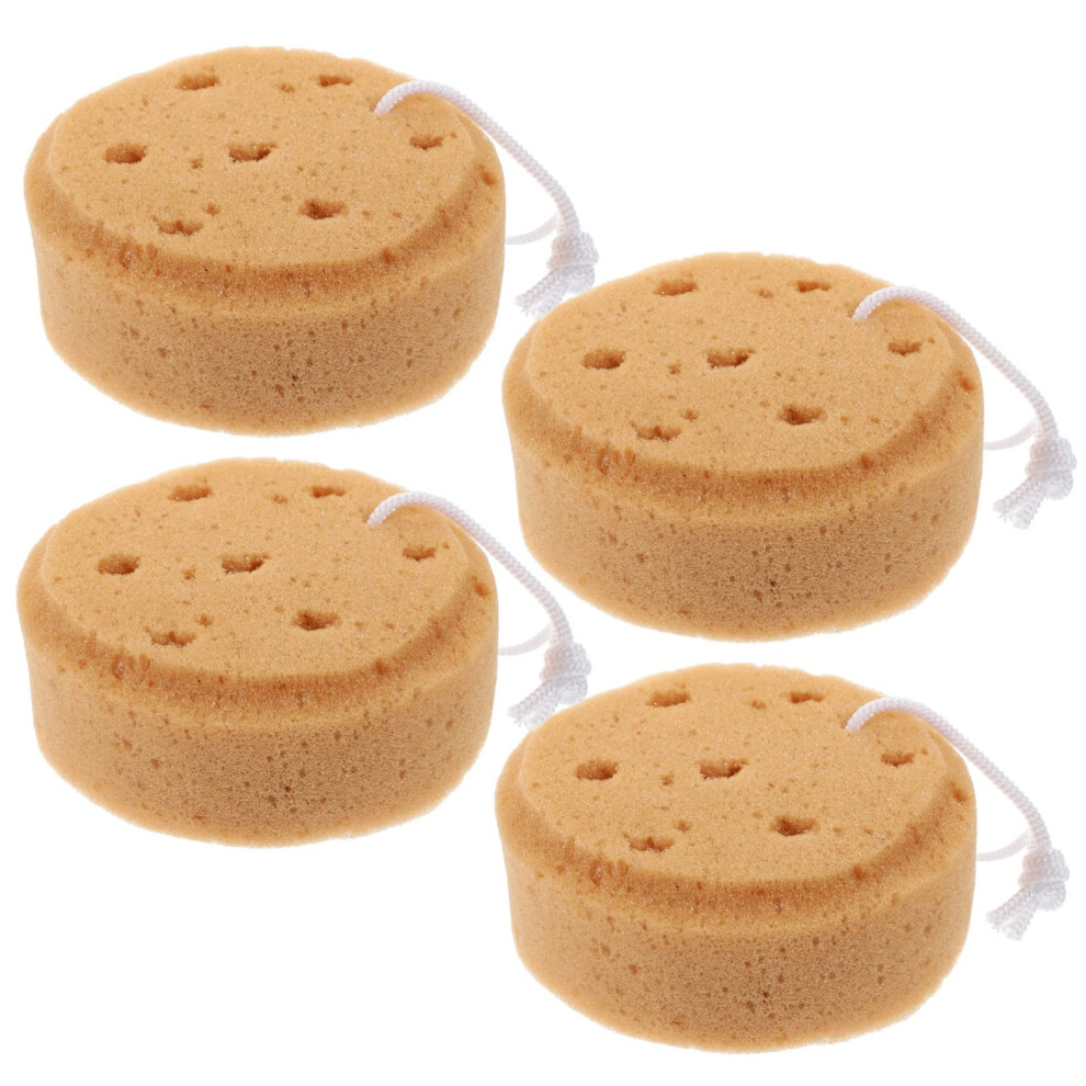 4pcs Round Bath Sponge Body Scrubber Set for Gentle Skin Exfoliation with Hanging Lanyard, Coffee