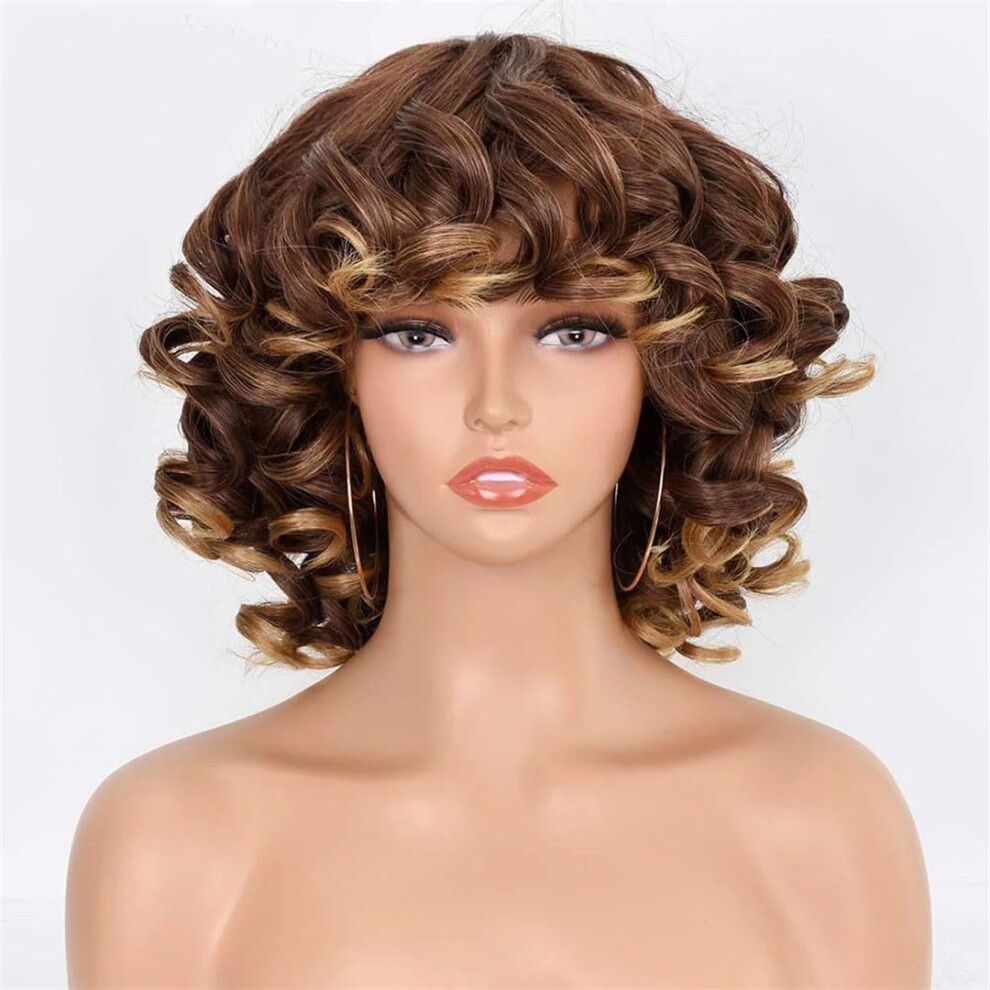 Unisex Black 14 Inch Blonde Afro Kinky Curly Wig With Bangs For Women, Heat Resistant, Natural Hairline