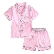 (140, female) 2025 Kids Satin Pyjamas Nightwear Pjs Set Silk Short Sleeve Shorts Button Sleepwear