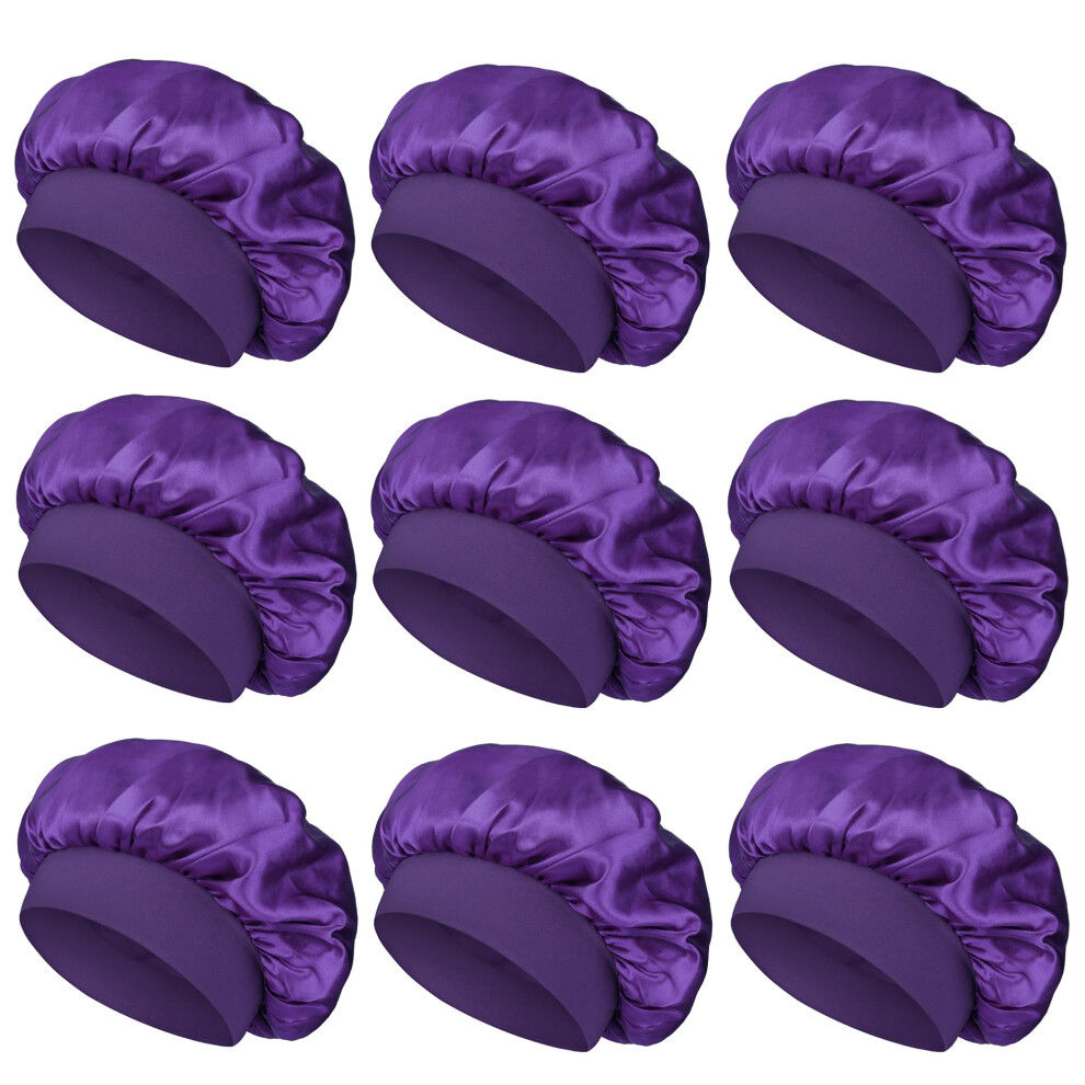 Unisex Purple Satin Sleep Bonnet Silk Hair Cap For Sleeping Women And Men, Wide Band, Frizz Control, 9 Pack