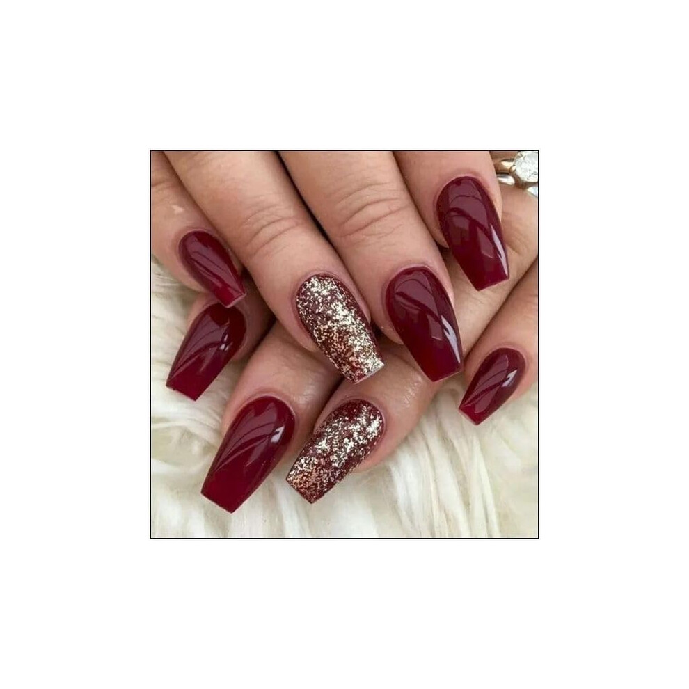Long Ballerina Press On Nails  Reusable Maroon Glitter Artificial Nails for Special Occasions