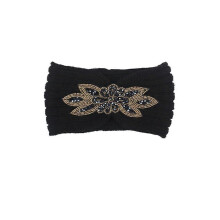 Diadema de punto negra de 2 piezas para abrigar el cabello con aros de lana.