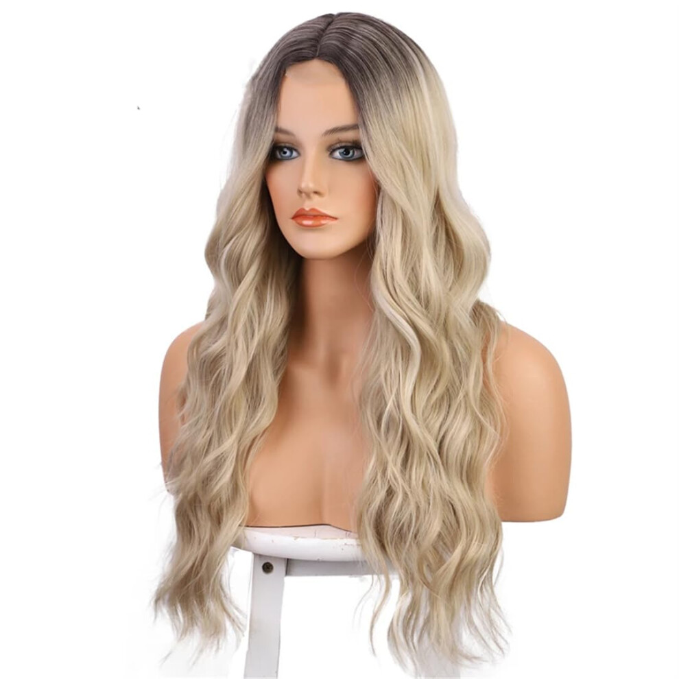 Unisex Brown Synthetic Long Wavy Wig With Blonde Highlights, Natural Hairline, Heat Resistant For Women