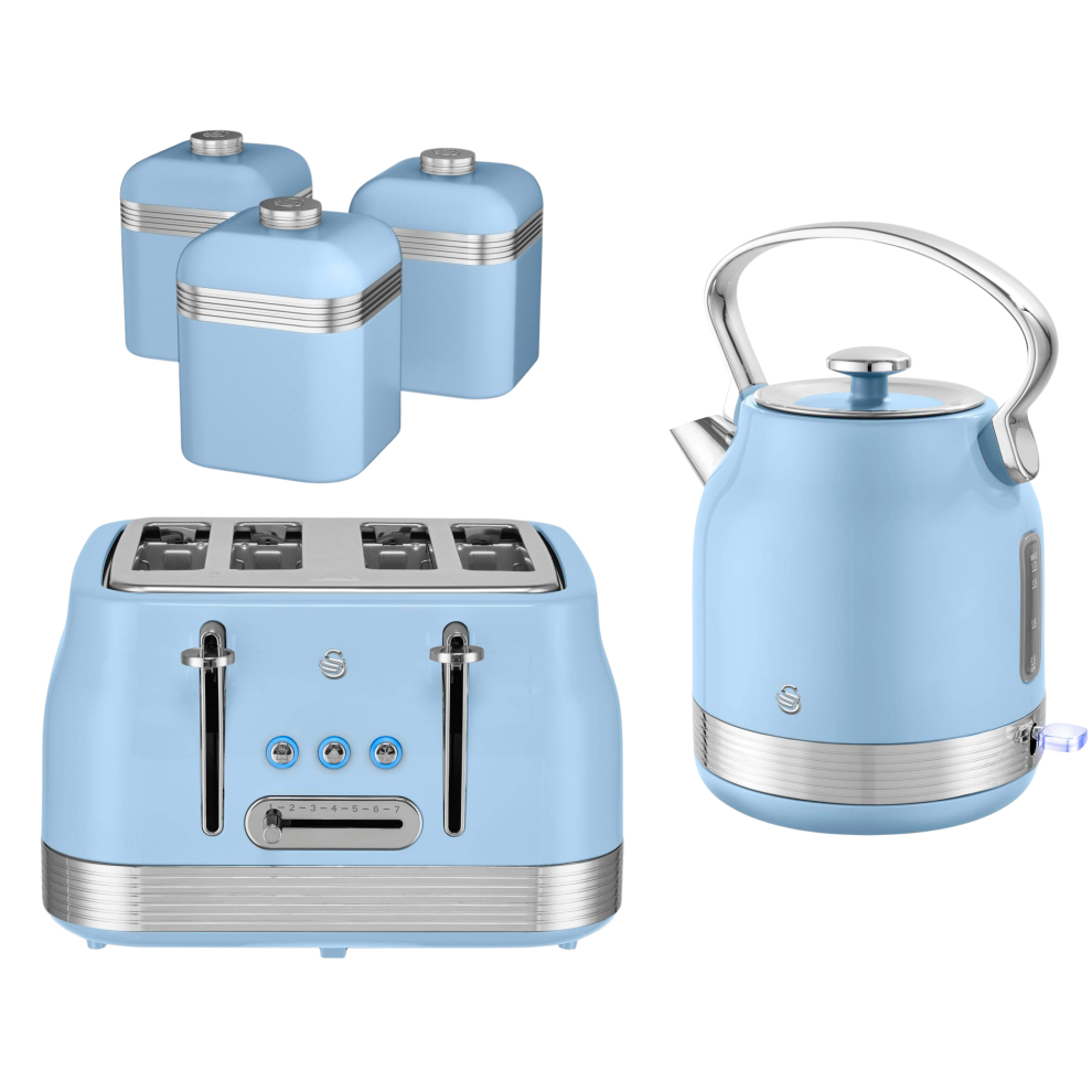 Swan Retro Revive Stovetop Kettle 4 Slice Toaster & Canisters Blue