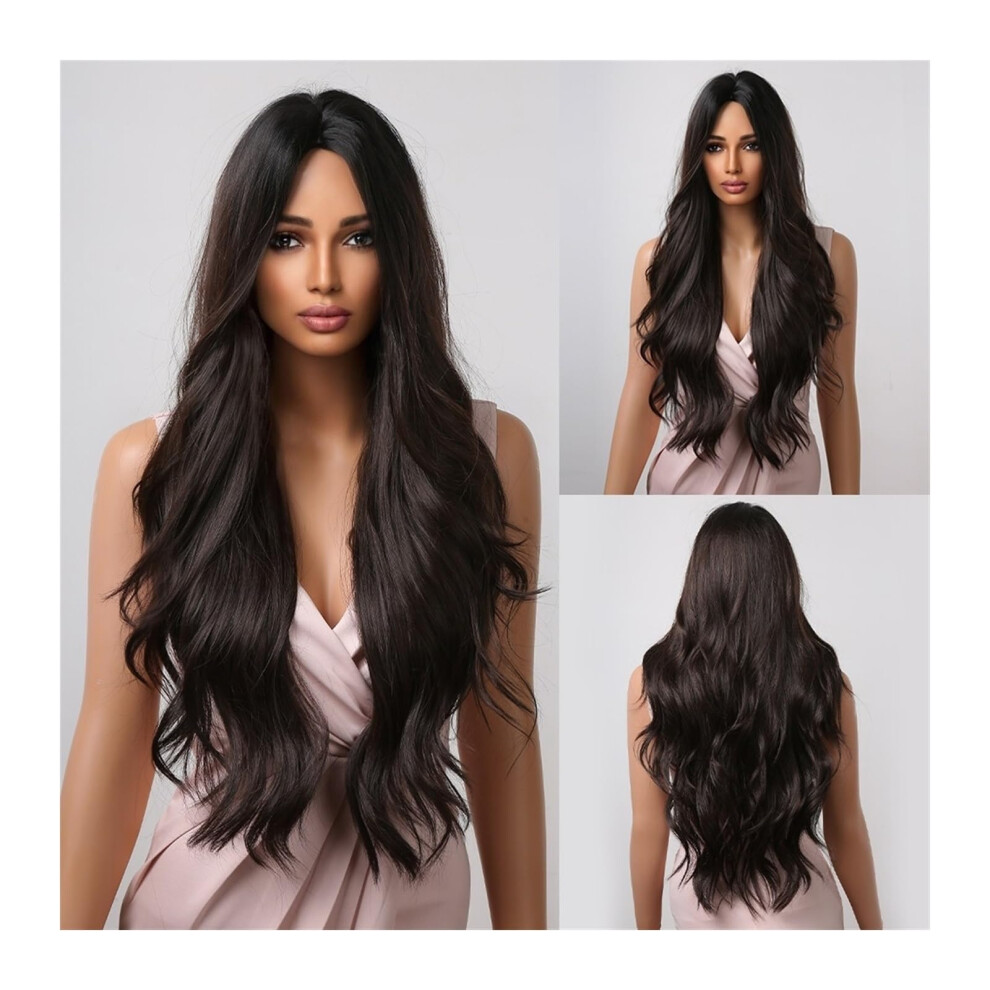 Unisex Brown Synthetic Wig Long Wavy Heat Resistant Fiber With Middle Part Natural Hairline For Women