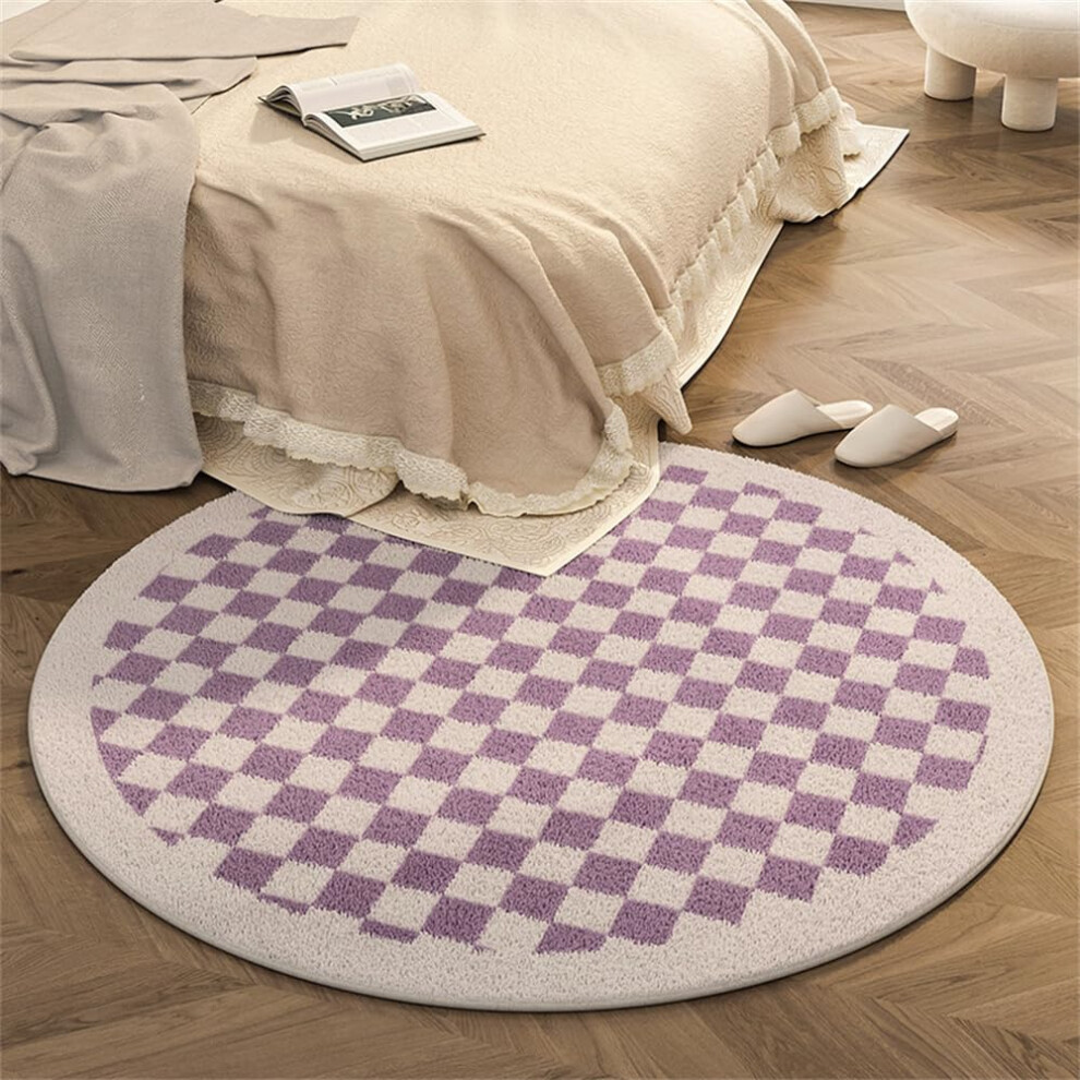 Area Rugs Living Room Rug Soft Fluffy Shaggy Round 120Cm Diameter With Anti Slip Backing Geometric Grid For Kids Nursery Dorm Purple