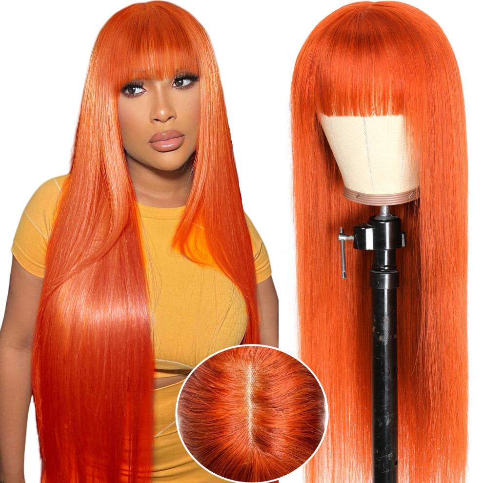 Unisex 22 Inch Ginger Human Hair Wig With Bangs Glueless Brazilian 2X4 Hd Lace Closure Natural Hairline