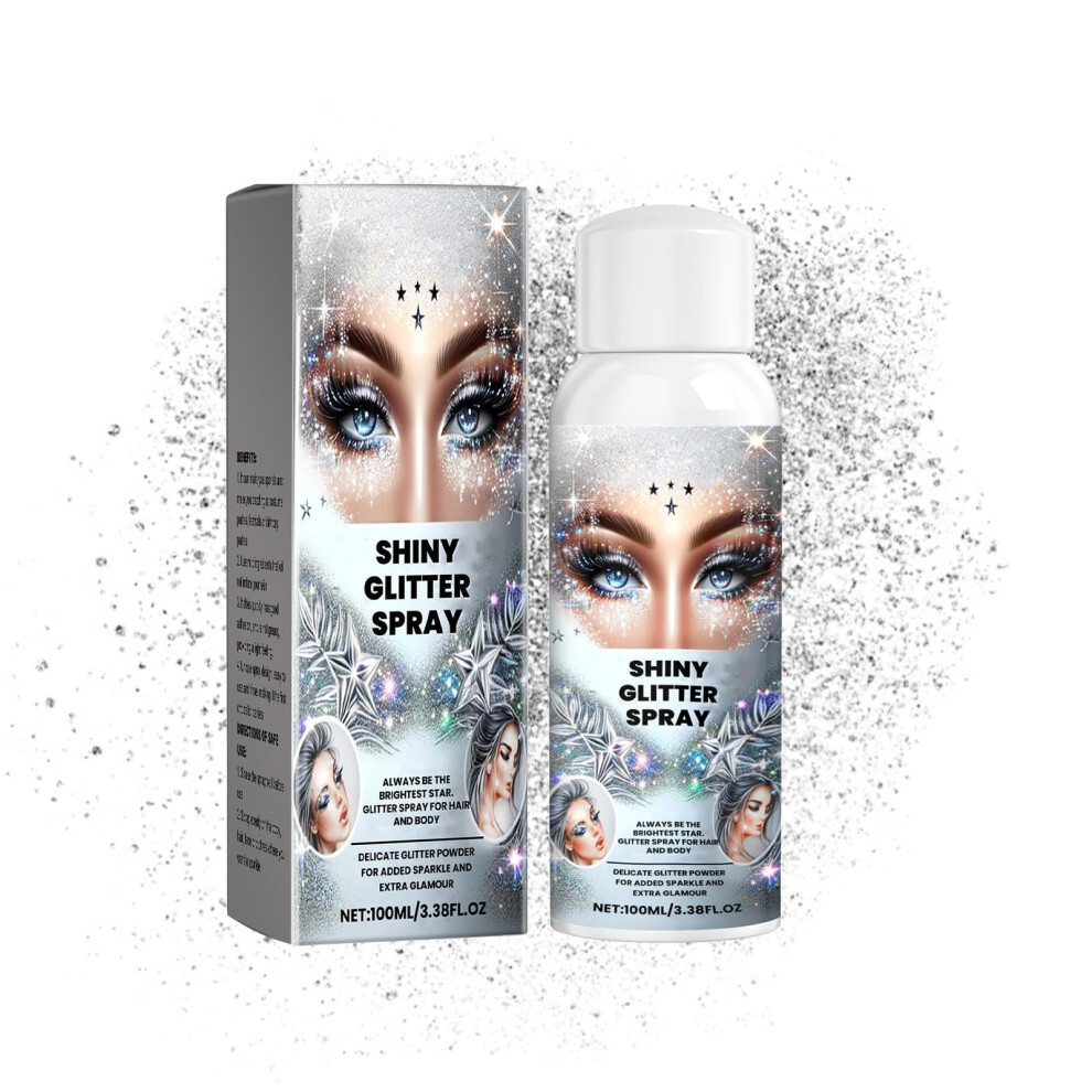 Body Glitter Spray for Hair and Body, LongLasting Shimmer, QuickDrying Festival Makeup, 3.38 Fl Oz Silvery