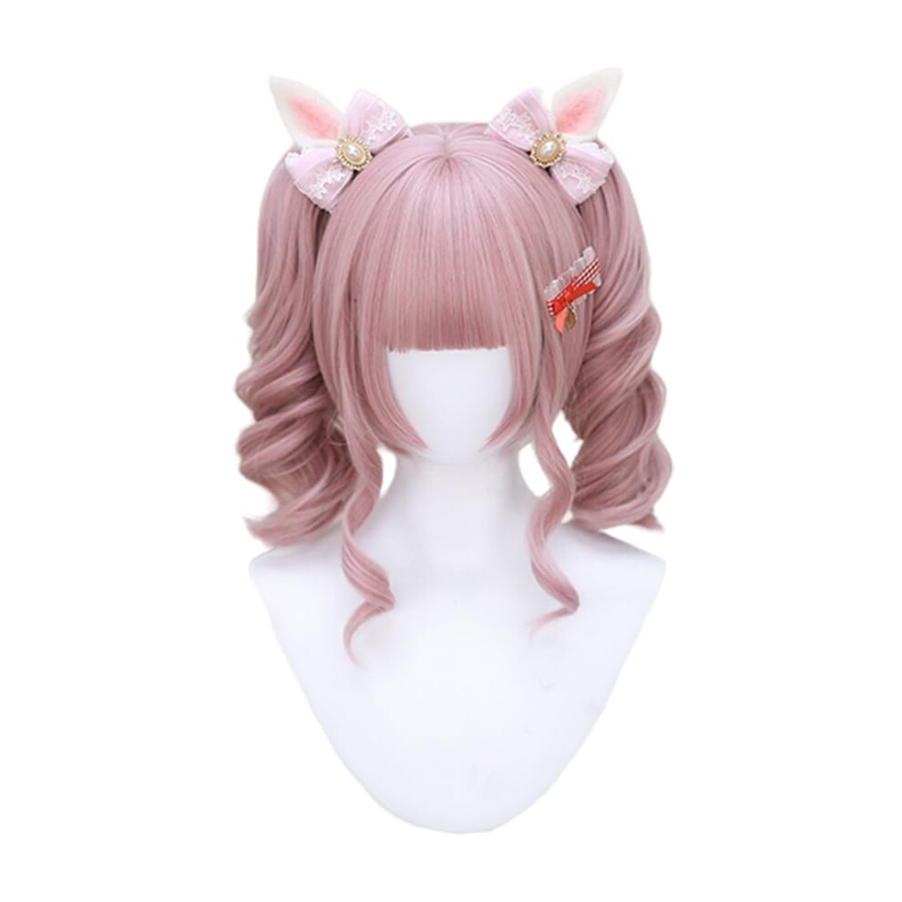 Unisex Pink Curly Wig With Bangs Lolita Style Short Double Ponytail Heat Resistant For Cosplay Party