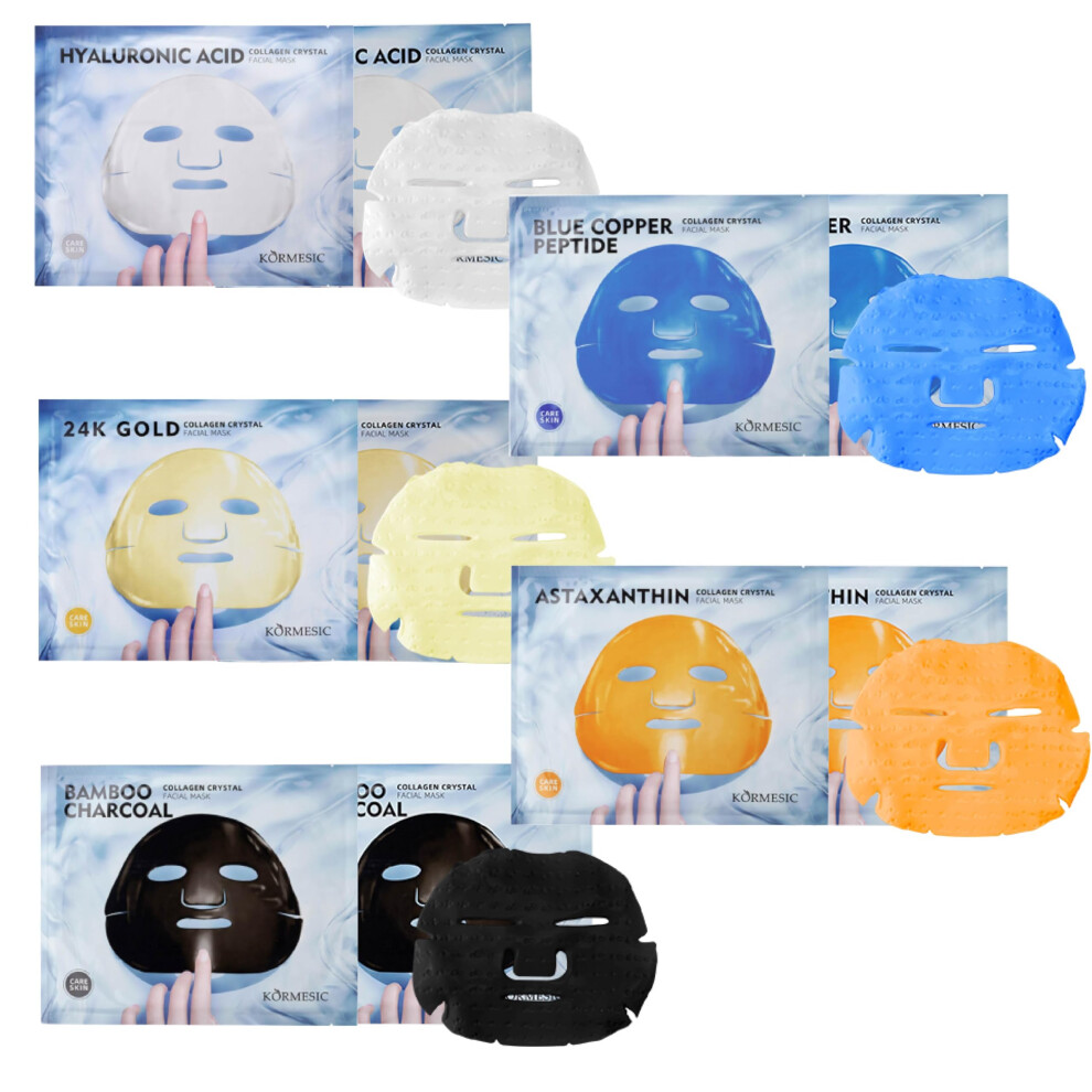Gold/Blue 10 Pack Collagen Hydrating Face Sheet Mask Set With 24K And Copper For Deep Hydration And Radiance Boost