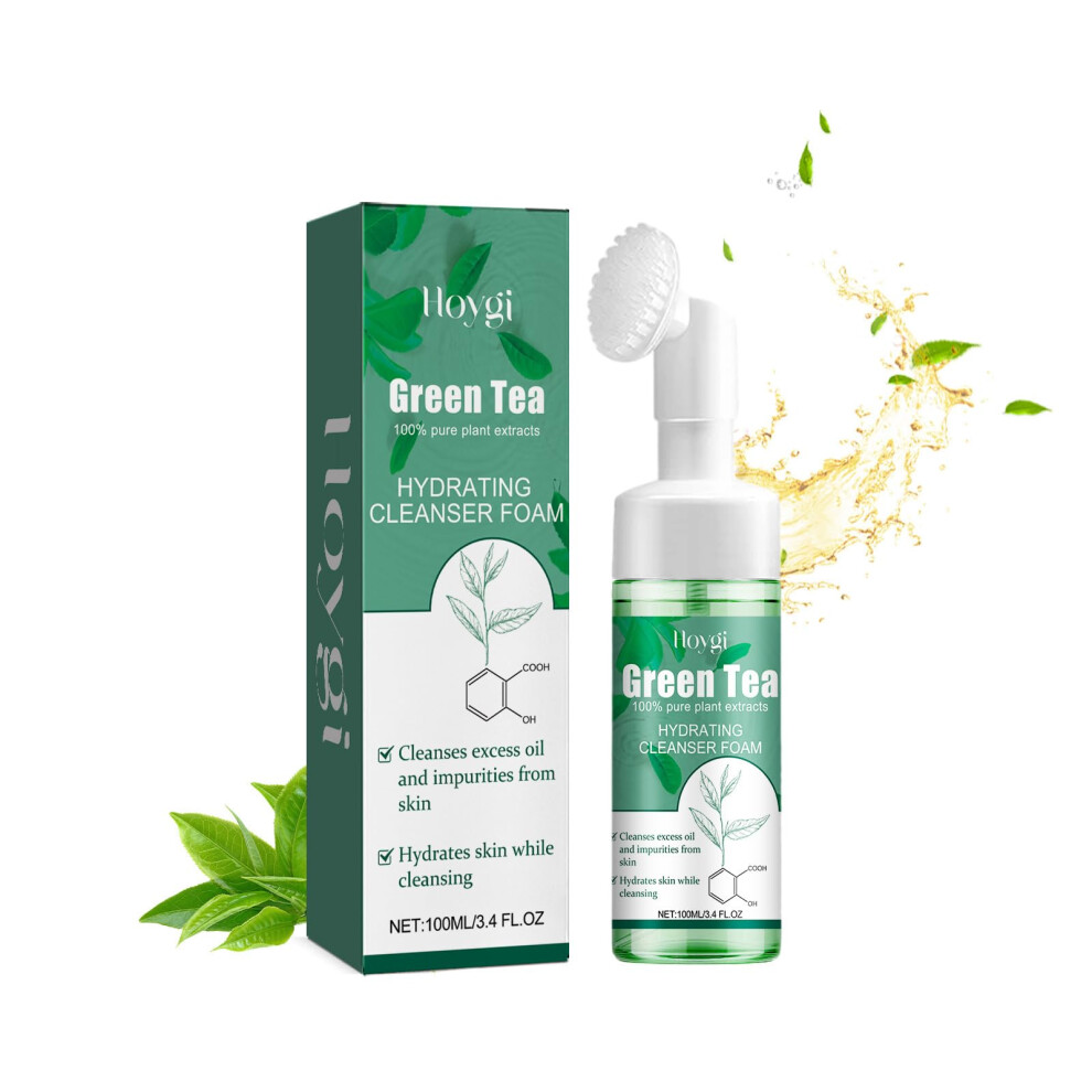 Green Foaming Facial Cleanser With Tea Extract And Silicone Brush For Gentle Pore Cleansing 3.4Oz