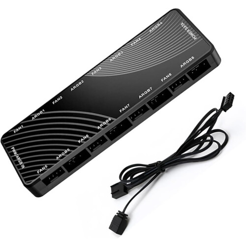 8 Port PWM Fan Hub and ARGB Lighting Controller with SATA Power for PC Cooling Sync 1