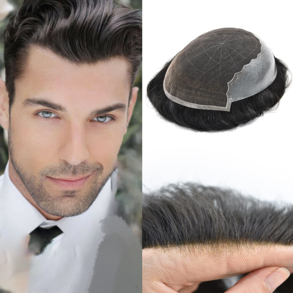 Men's French Lace Toupee Jet Black 7x10 Inch 100% Human Hair Hairpiece LightMedium Density