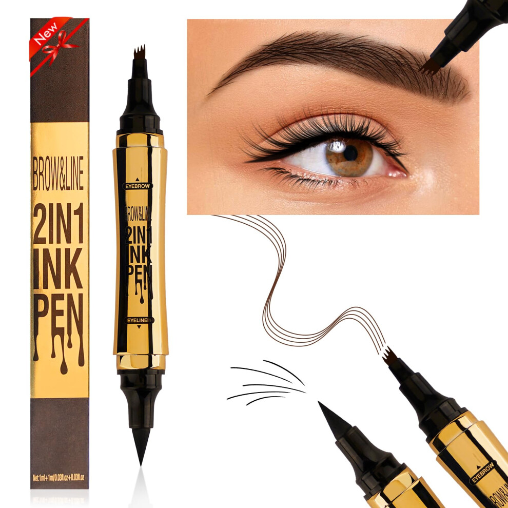 Brown Dual Ended Eyebrow And Eyeliner Pen Dark Waterproof 4Prong Microblading Long Lasting
