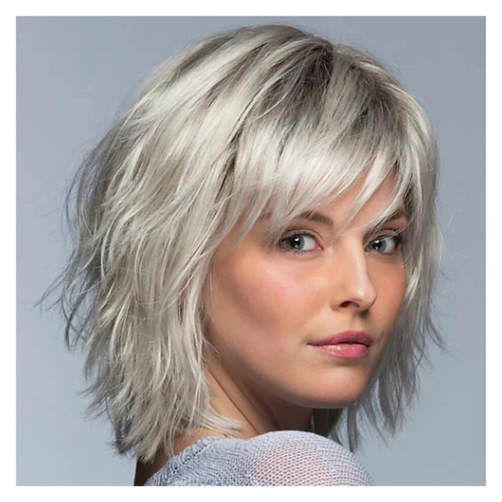 Unisex Grey Short Curly Wig With Bangs For Women, Blonde Synthetic, Realistic Hairline, Heat Resistant