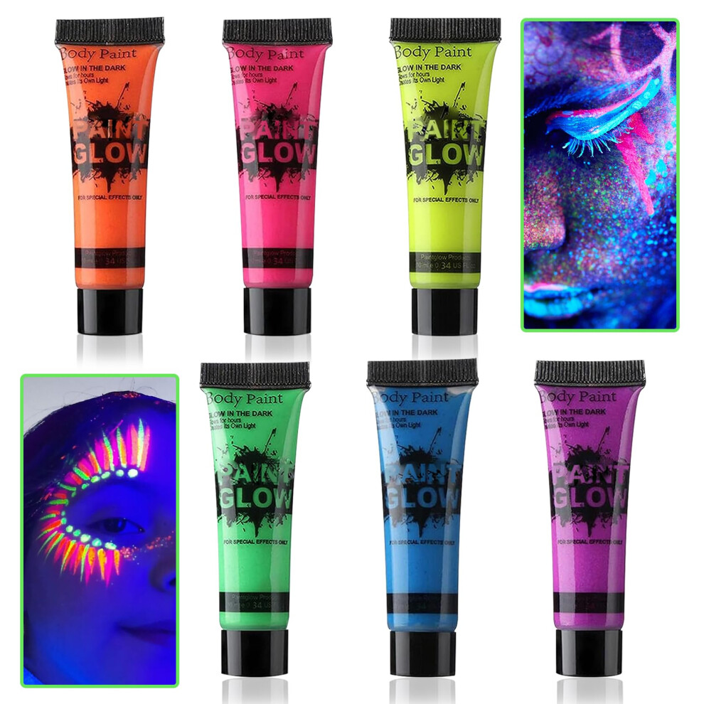 Dark Glow In The Face And Body Paint Set, 6 Colors Uv Blacklight Kit For Party Cosplay Sfx, 10Ml