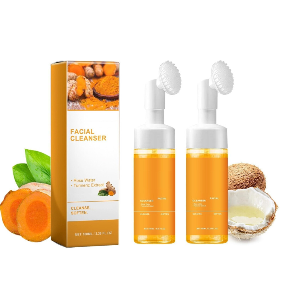 2 Pcs Turmeric Foaming Face Wash with Brush, Deep Cleansing Facial Cleanser for Glowing Skin