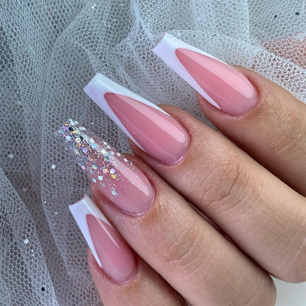 Pink Press On Nails Long Coffin Glitter French Ballerina Acrylic False Nails Kit 24Pcs With Glue