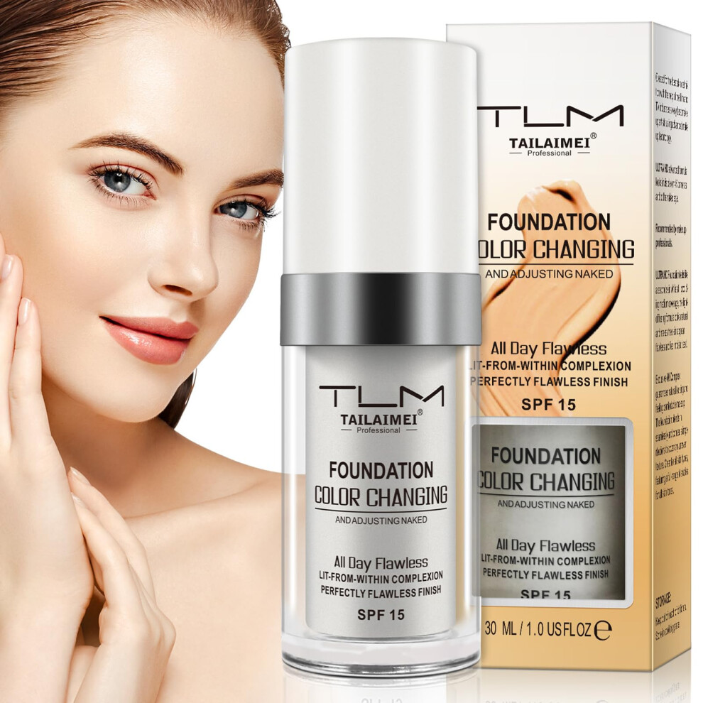 Color Changing Foundation SPF15, Flawless Full Coverage Hydrating Makeup for All Skin Tones 30ml