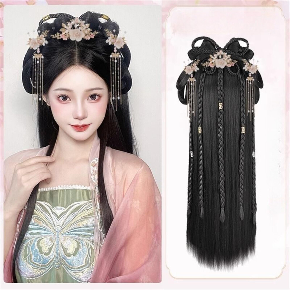 Unisex Black Chinese Hanfu Wig With Bun Style, Natural Breathable Silk Fiber, Geisha Cosplay Hairpiece