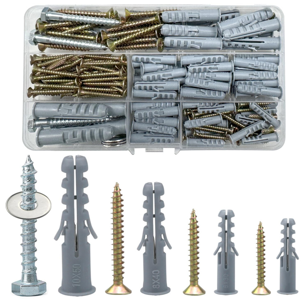 188 Pcs Screws And Wall Plugs Set, Anchor Bolts Assorted,Heavy Duty Rawlplug Mixed Sizes Assortment(M5/6/8/10),Fasteners For Brick,Masonry,Plaste 36810420