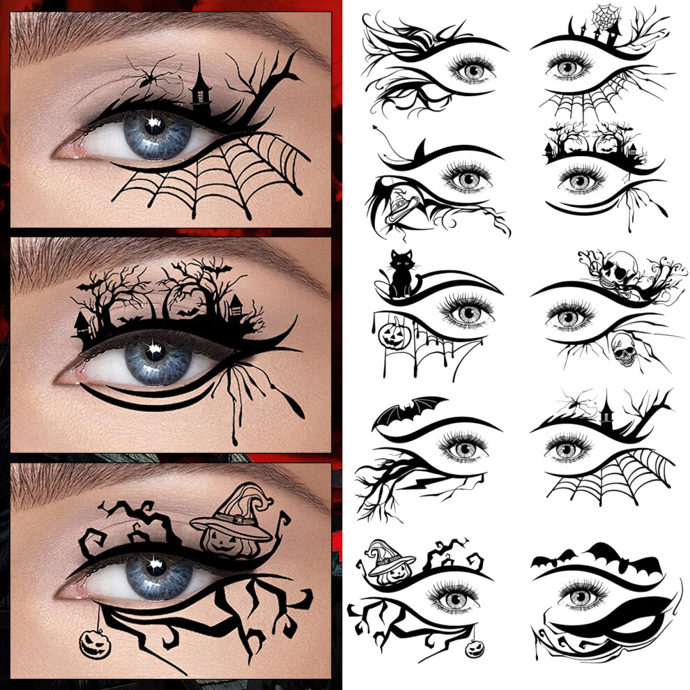 Black 10 Pcs Halloween Temporary Tattoos Eyeliner Stickers Gothic Eye Makeup Decals Spider Web Bat