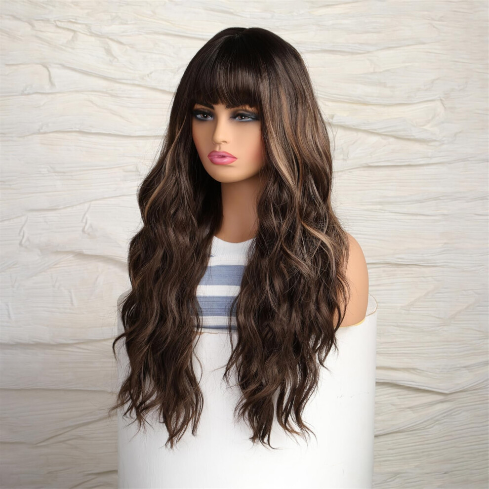 26 Inch Brown Curly Wig with Highlights and Bangs, Long Wavy Heat Resistant Synthetic Hair