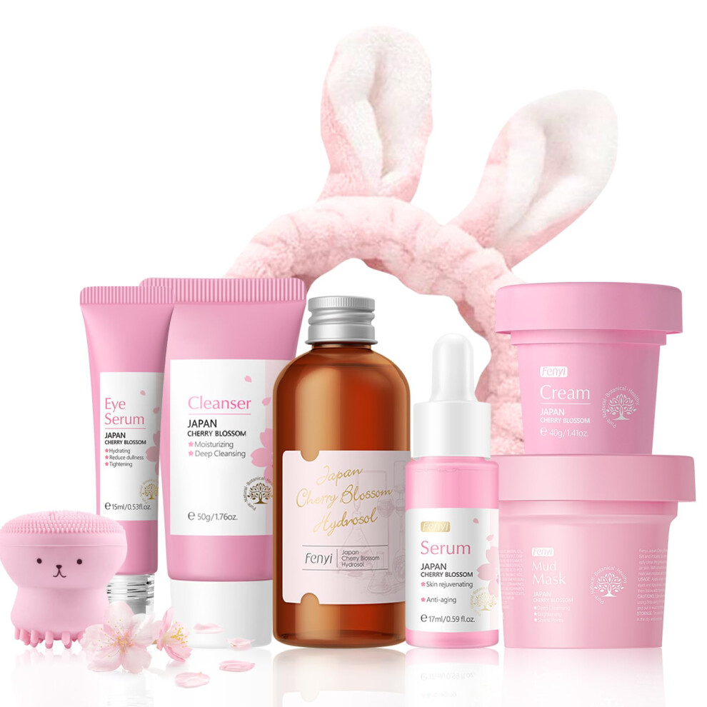 Facial Skincare Set with VitaminEnriched Sakura Extract for Sensitive Skin, 8pcs Complete Routine